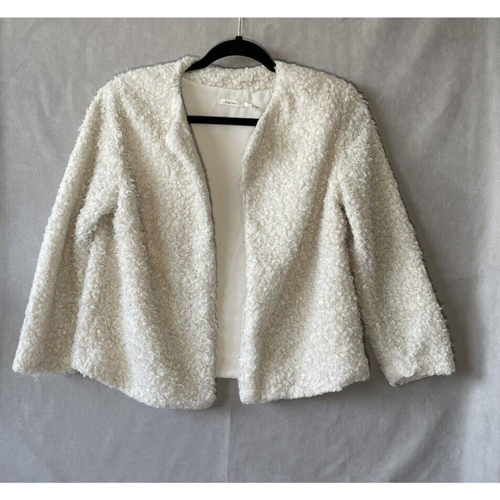 Poetry Faux Shearling Cropped Open Jacket with 3/4 Sleeves Size L Ivory